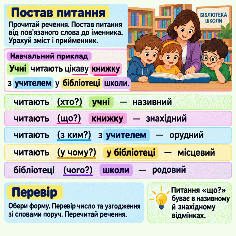 Картка пояснює, як обрати форму іменника: поставити питання від пов’язаного слова з урахуванням змісту й прийменника, перевірити число та узгодження, перечитати речення. Учні з учителем читають книжку в бібліотеці. Навчальний приклад: «Учні читають цікаву книжку з учителем у бібліотеці школи». Розбір: читають — хто? — учні, називний; читають — що? — книжку, знахідний; читають — з ким? — з учителем, орудний; читають — у чому? — у бібліотеці, місцевий; бібліотеці — чого? — школи, родовий. Питання «що?» буває в називному й знахідному відмінках. Постав питання: Прочитай речення. Постав питання від пов’язаного слова до іменника. Урахуй зміст і прийменник. Перевір: Обери форму. Перевір число та узгодження зі словами поруч. Перечитай речення. Питання «що?» буває в називному й знахідному відмінках. Навчальний приклад Учні читають цікаву книжку з учителем у бібліотеці школи. читають (хто?) учні — називний читають (що?) книжку — знахідний читають (з ким?) з учителем — орудний читають (у чому?) у бібліотеці — місцевий бібліотеці (чого?) школи — родовий БІБЛІОТЕКА ШКОЛИ