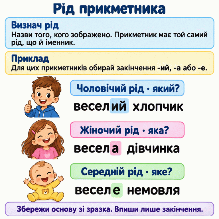 Картка пояснює, що прикметник має той самий рід, що й іменник. Навчальний приклад: веселий хлопчик — чоловічий рід, який?; весела дівчинка — жіночий рід, яка?; веселе немовля — середній рід, яке?. У трьох формах зберігається основа «весел», а закінчення змінюються: -ий, -а, -е. Потрібно зберегти основу зі зразка й вписати лише відповідне закінчення. Рід прикметника Визнач рід: Назви того, кого зображено. Прикметник має той самий рід, що й іменник. Приклад: Для цих прикметників обирай закінчення -ий, -а або -е. Збережи основу зі зразка. Впиши лише закінчення. Чоловічий рід · який? веселий хлопчик Жіночий рід · яка? весела дівчинка Середній рід · яке? веселе немовля