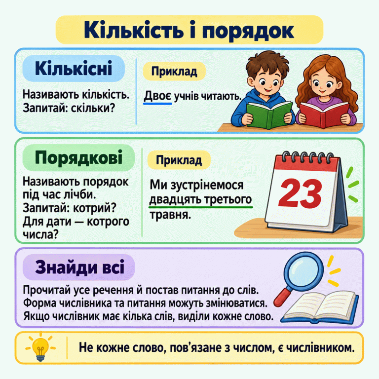 Кількісні числівники називають кількість, порядкові — порядок під час лічби. Навчальні приклади: «Двоє учнів читають.» — зображено двох учнів; «Ми зустрінемося двадцять третього травня.» — на календарі 23. Виділено слово «Двоє» та обидва слова «двадцять третього». Прочитай усе речення, постав питання до слів, урахуй зміну форми й виділи кожне слово числівника. Не кожне слово, пов’язане з числом, є числівником. Кількість і порядок Кількісні: Називають кількість. Запитай: скільки? Порядкові: Називають порядок під час лічби. Запитай: котрий? Для дати — котрого числа? Знайди всі: Прочитай усе речення й постав питання до слів. Форма числівника та питання можуть змінюватися. Якщо числівник має кілька слів, виділи кожне слово. Не кожне слово, пов’язане з числом, є числівником. Приклад Двоє учнів читають. Ми зустрінемося двадцять третього травня. 23