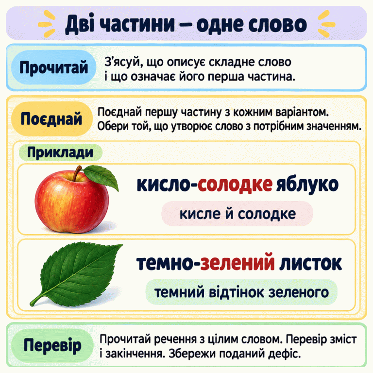 Картка пояснює три кроки: прочитай речення й осмисли першу частину слова, поєднай її з варіантами, потім перевір ціле слово в реченні та збережи поданий дефіс. Два навчальні приклади показують різні зв’язки між частинами: кисло-солодке яблуко — кисле й солодке водночас; темно-зелений листок — темний відтінок зеленого. Дефіс і друга частина кожного прикметника злегка виділені. Дві частини — одне слово Прочитай: З’ясуй, що описує складне слово і що означає його перша частина. Поєднай: Поєднай першу частину з кожним варіантом. Обери той, що утворює слово з потрібним значенням. Перевір: Прочитай речення з цілим словом. Перевір зміст і закінчення. Збережи поданий дефіс. Приклади кисло-солодке яблуко кисле й солодке темно-зелений листок темний відтінок зеленого