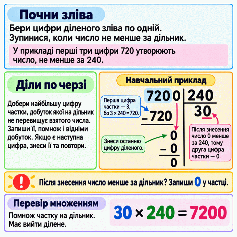 Навчальний приклад ділення в стовпчик: 7200 поділити на 240. За першою групою 720 записують цифру 3 у частці та віднімають добуток 720. Зносять останній нуль. Нове число 0 менше за 240, тому записують 0 у частці. Частка 30, остаточна остача 0. Перевірка: 30 × 240 = 7200. Поруч пояснено добір цифр частки, множення, віднімання та знесення. Почни зліва: Бери цифри діленого зліва по одній. Зупинися, коли число не менше за дільник. Діли по черзі: Добери найбільшу цифру частки, добуток якої на дільник не перевищує взятого числа. Запиши її, помнож і відніми добуток. Якщо є наступна цифра, знеси її та повтори. Перевір множенням: Помнож частку на дільник. Має вийти ділене. Після знесення число менше за дільник? Запиши 0 у частці. Навчальний приклад 7200 240 30 720 − × = У прикладі перші три цифри 720 утворюють число, не менше за 240. Перша цифра частки — 3, бо 3 × 240 = 720. Знеси останню цифру діленого. Після знесення число 0 менше за 240, тому друга цифра частки — 0. !