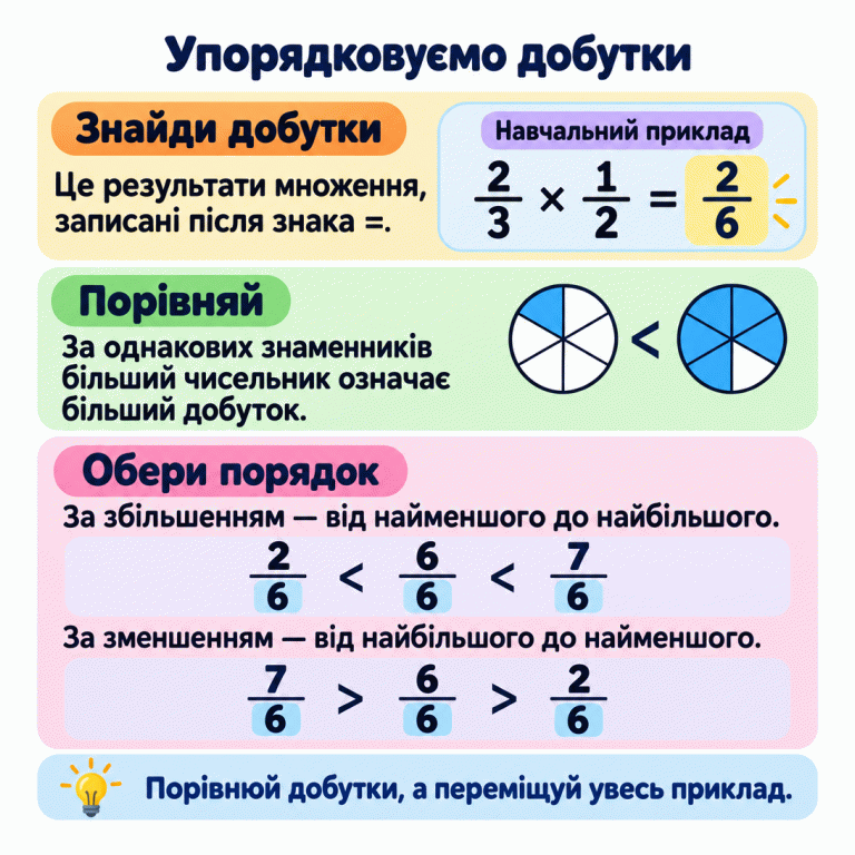 У навчальному записі 2/3 × 1/2 = 2/6 виділено добуток після знака рівності. За однакових знаменників більший чисельник означає більший добуток. За збільшенням показано 2/6 < 6/6 < 7/6, за зменшенням — 7/6 > 6/6 > 2/6. Порівнюють добутки, а переміщують увесь приклад. Упорядковуємо добутки Знайди добутки: Це результати множення, записані після знака =. Порівняй: За однакових знаменників більший чисельник означає більший добуток. Обери порядок: За збільшенням — від найменшого до найбільшого.
За зменшенням — від найбільшого до найменшого. Порівнюй добутки, а переміщуй увесь приклад. Навчальний приклад 2/3 × 1/2 = 2/6 2/6 < 6/6 < 7/6 7/6 > 6/6 > 2/6 <