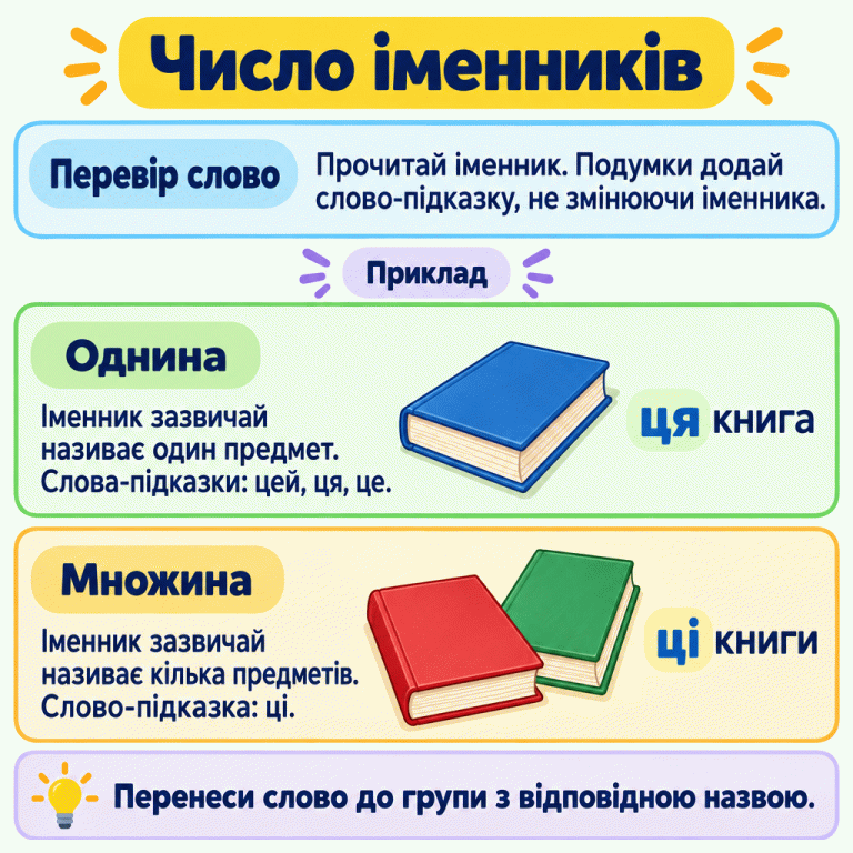 Картка пояснює однину й множину іменників. Пропонується прочитати слово та подумки додати підказку, не змінюючи іменника. Для однини наведено цей, ця, це, для множини — ці. Навчальний приклад: одна книжка з підписом «ця книга» та дві книжки з підписом «ці книги». Наприкінці потрібно перенести слово до групи з відповідною назвою. Число іменників Перевір слово: Прочитай іменник. Подумки додай слово-підказку, не змінюючи іменника. Однина: Іменник зазвичай називає один предмет. Слова-підказки: цей, ця, це. Множина: Іменник зазвичай називає кілька предметів. Слово-підказка: ці. Перенеси слово до групи з відповідною назвою. Приклад ця книга ці книги