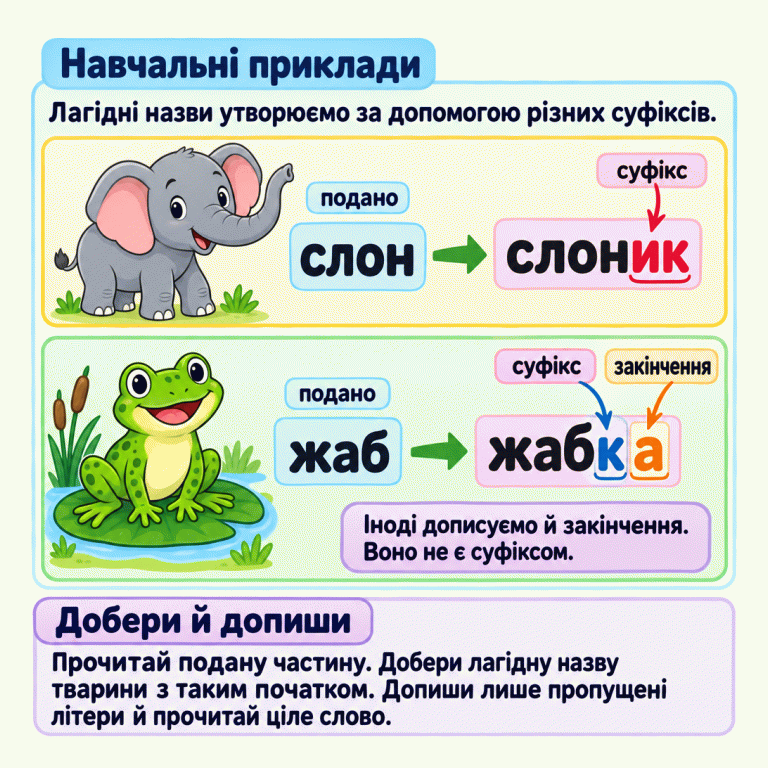 Картка пояснює, як доповнити подану частину до лагідної назви тварини. Біля слона частина «слон» доповнюється до «слоник», біля жаби «жаб» — до «жабка». У слові «слоник» позначено суфікс «ик», у слові «жабка» — суфікс «к» і окремо закінчення «а». Потрібно прочитати подану частину, дібрати лагідну назву з таким початком, дописати відсутні літери й прочитати ціле слово. Навчальні приклади: Лагідні назви утворюємо за допомогою різних суфіксів. Добери й допиши: Прочитай подану частину. Добери лагідну назву тварини з таким початком. Допиши лише пропущені літери й прочитай ціле слово. Іноді дописуємо й закінчення. Воно не є суфіксом. слон слоник жаб жабка подано суфікс закінчення