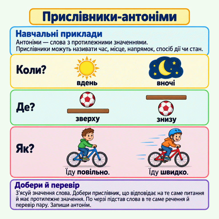 Картка пояснює, що антоніми мають протилежні значення. Навчальні приклади: «вдень» і «вночі» відповідають на питання «Коли?»; «зверху» і «знизу» — на «Де?», їх показано м’ячем над планкою та під нею; «Їду повільно.» і «Їду швидко.» — на «Як?». Щоб дібрати антонім, потрібно з’ясувати значення слова, зберегти питання та перевірити пару, по черзі підставляючи слова в те саме речення. Прислівники-антоніми Навчальні приклади: Антоніми — слова з протилежними значеннями. Прислівники можуть називати час, місце, напрямок, спосіб дії чи стан. Добери й перевір: З’ясуй значення слова. Добери прислівник, що відповідає на те саме питання й має протилежне значення. По черзі підстав слова в те саме речення й перевір пару. Запиши антонім. Коли? вдень вночі Де? зверху знизу Як? Їду повільно. Їду швидко.