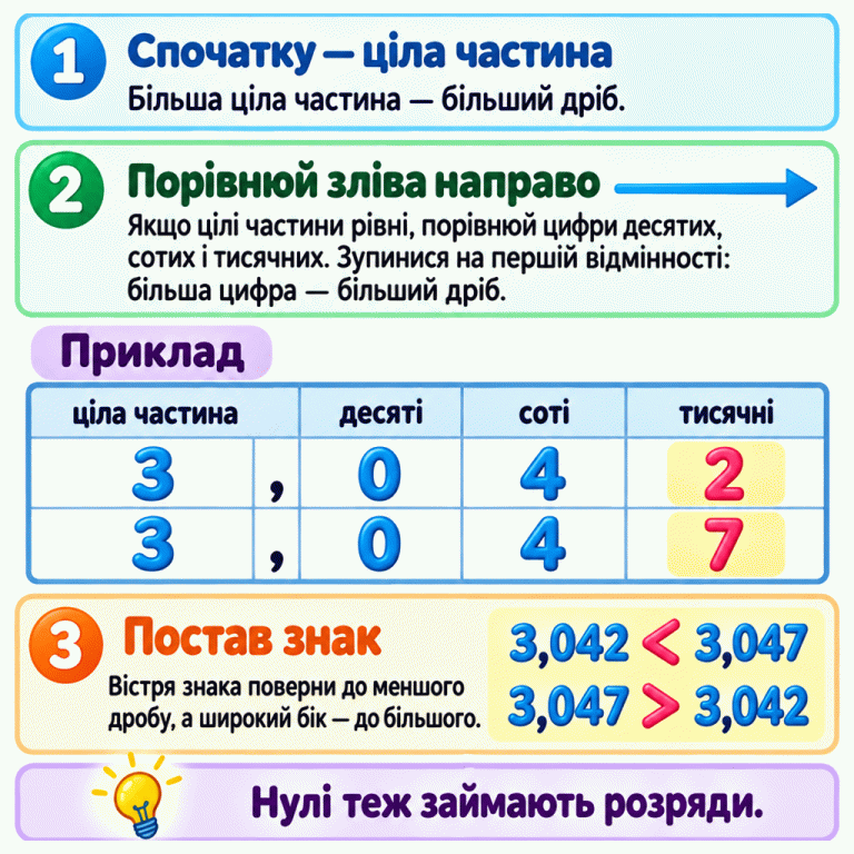 Спочатку порівнюють цілі частини, потім цифри десятих, сотих і тисячних зліва направо. У навчальному прикладі 3,042 і 3,047 однакові цілі частини, десяті й соті. Перша відмінність у тисячних: 2 менше за 7. Показано 3,042 < 3,047 і 3,047 > 3,042. Вістря знака спрямоване до меншого дробу, широкий бік — до більшого. Нуль у десятих залишається на своєму місці. Спочатку — ціла частина: Більша ціла частина — більший дріб. Порівнюй зліва направо: Якщо цілі частини рівні, порівнюй цифри десятих, сотих і тисячних. Зупинися на першій відмінності: більша цифра — більший дріб. Постав знак: Вістря знака поверни до меншого дробу, а широкий бік — до більшого. Нулі теж займають розряди. Приклад ціла частина десяті соті тисячні 3,042 3,047 < > 1 2 3