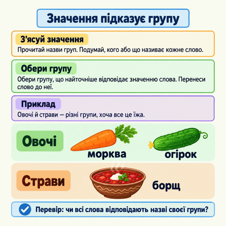 Картка пояснює розподіл слів за значенням: прочитай назви груп, з’ясуй значення слова й обери відповідну групу. У навчальному прикладі «морква» та «огірок» об’єднані під назвою «Овочі», а «борщ» — під назвою «Страви». Наприкінці запропоновано перевірити відповідність усіх слів назвам своїх груп. Значення підказує групу З’ясуй значення: Прочитай назви груп. Подумай, кого або що називає кожне слово. Обери групу: Обери групу, що найточніше відповідає значенню слова. Перенеси слово до неї. Приклад: Овочі й страви — різні групи, хоча все це їжа. Перевір: чи всі слова відповідають назві своєї групи? Овочі Страви морква огірок борщ ✓