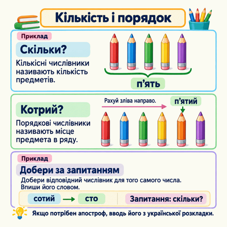 Картка пояснює: кількісні числівники відповідають на запитання «скільки?» й називають кількість, а порядкові — на «котрий?» і називають місце в ряду. У навчальному прикладі група з п’яти олівців підписана «п’ять». В іншому ряду із шести олівців позначено п’ятий під час лічби зліва направо. Другий приклад показує відповідність «сотий» і «сто» за запитанням «скільки?». Потрібно дібрати відповідний числівник для того самого числа й вписати його словом. Кількість і порядок Скільки?: Кількісні числівники називають кількість предметів. Котрий?: Порядкові числівники називають місце предмета в ряду. Добери за запитанням: Добери відповідний числівник для того самого числа. Впиши його словом. Якщо потрібен апостроф, вводь його з української розкладки. Приклад п’ять п’ятий Рахуй зліва направо. сотий сто Запитання: скільки?