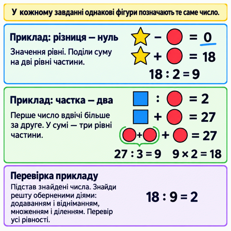 Однакові фігури в одному завданні означають те саме число. У першому навчальному прикладі зірка мінус круг дорівнює нулю, а їхня сума — 18. Значення рівні: 18 поділити на 2 дорівнює 9. У другому прикладі квадрат, поділений на круг, дає 2, а їхня сума — 27. Квадрат замінено двома кругами, тому в сумі три рівні частини. 27 поділити на 3 дорівнює 9; 9 помножити на 2 дорівнює 18. Перевірка: 18 поділити на 9 дорівнює 2. Знайдені числа підставляють в інші рівності, знаходять решту оберненими діями та перевіряють усі рядки. Приклад: різниця — нуль: Значення рівні. Поділи суму на дві рівні частини. Приклад: частка — два: Перше число вдвічі більше за друге. У сумі — три рівні частини. Перевірка прикладу: Підстав знайдені числа. Знайди решту оберненими діями: додаванням і відніманням, множенням і діленням. Перевір усі рівності. У кожному завданні однакові фігури позначають те саме число. − = + 18 18 : 2 = 9 : 2 27 27 : 3 = 9 9 × 2 = 18 18 : 9 = 2