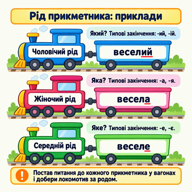 Три навчальні потяги пояснюють рід прикметника. Чоловічий рід: який?, типові закінчення -ий, -ій, приклад «веселий». Жіночий рід: яка?, закінчення -а, -я, приклад «весела». Середній рід: яке?, закінчення -е, -є, приклад «веселе». Щоб добрати локомотив за родом, потрібно поставити питання до кожного прикметника у вагонах і перевірити закінчення. Рід прикметника: приклади Чоловічий рід: Який? Типові закінчення: -ий, -ій. Жіночий рід: Яка? Типові закінчення: -а, -я. Середній рід: Яке? Типові закінчення: -е, -є. Постав питання до кожного прикметника у вагонах і добери локомотив за родом. веселий весела веселе !