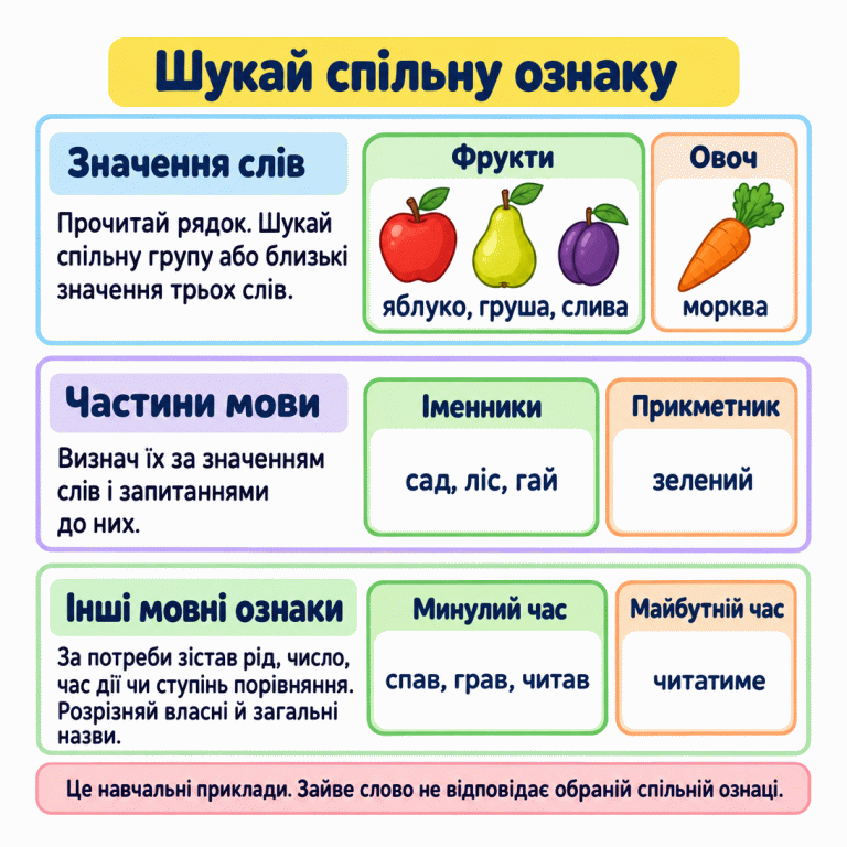 Картка пояснює пошук зайвого слова за спільною ознакою трьох інших. Навчальні приклади: яблуко, груша й слива — фрукти, морква — овоч; сад, ліс і гай — іменники, зелений — прикметник; спав, грав і читав — дієслова минулого часу, читатиме — майбутнього. Також можна порівнювати близькі значення, рід, число, ступінь порівняння, власні й загальні назви. Зайве слово не відповідає обраній ознаці. Шукай спільну ознаку Значення слів: Прочитай рядок. Шукай спільну групу або близькі значення трьох слів. Частини мови: Визнач їх за значенням слів і запитаннями до них. Інші мовні ознаки: За потреби зістав рід, число, час дії чи ступінь порівняння. Розрізняй власні й загальні назви. Це навчальні приклади. Зайве слово не відповідає обраній спільній ознаці. Фрукти яблуко, груша, слива Овоч морква Іменники сад, ліс, гай Прикметник зелений Минулий час спав, грав, читав Майбутній час читатиме
