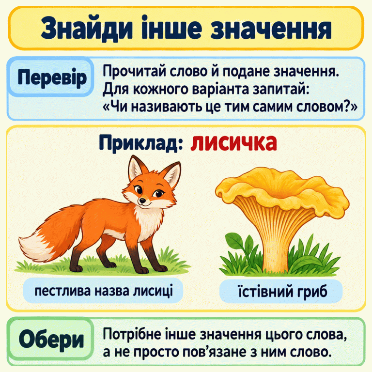 Картка пояснює, як знайти інше значення слова: прочитати слово й подане значення та перевірити кожен варіант запитанням, чи називають це тим самим словом. У позначеному прикладі спільна назва «лисичка» поєднує малюнок лисиці з тлумаченням «пестлива назва лисиці» та малюнок гриба з тлумаченням «їстівний гриб». Завершальна порада — обрати інше значення цього слова, а не просто пов’язане з ним слово. Знайди інше значення Перевір: Прочитай слово й подане значення. Для кожного варіанта запитай: «Чи називають це тим самим словом?» Обери: Потрібне інше значення цього слова, а не просто пов’язане з ним слово. Приклад: лисичка пестлива назва лисиці їстівний гриб