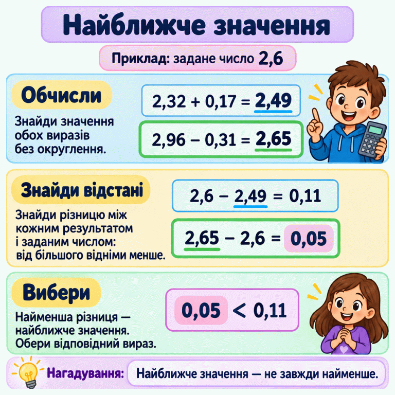 Картка пояснює три кроки: обчислити обидва вирази без округлення, знайти різницю між кожним результатом і заданим числом, віднімаючи менше від більшого, та вибрати вираз із найменшою різницею. У навчальному прикладі задано 2,6. Сума 2,32 + 0,17 дорівнює 2,49, а різниця 2,96 − 0,31 дорівнює 2,65. Відстані до заданого числа становлять відповідно 0,11 і 0,05. Оскільки 0,05 < 0,11, у цьому прикладі обирають 2,96 − 0,31. Найближче значення не завжди найменше. Найближче значення Обчисли: Знайди значення обох виразів без округлення. Знайди відстані: Знайди різницю між кожним результатом і заданим числом: від більшого відніми менше. Вибери: Найменша різниця — найближче значення. Обери відповідний вираз. Найближче значення — не завжди найменше. Приклад: задане число 2,6 2,32 + 0,17 = 2,49 2,96 − 0,31 = 2,65 2,6 − 2,49 = 0,11 2,65 − 2,6 = 0,05 0,05 < 0,11 Нагадування: