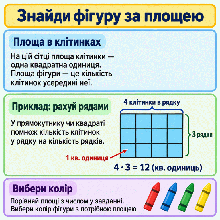 Пояснення знаходження площі за одиничними квадратними клітинками. У навчальному прямокутнику три рядки по чотири клітинки; площа однієї клітинки — одна квадратна одиниця. Обчислення: 4 · 3 = 12 квадратних одиниць. Щоб виконати завдання, потрібно порівняти площі фігур із заданим числом і вибрати колір відповідної фігури. Знайди фігуру за площею Площа в клітинках: На цій сітці площа клітинки — одна квадратна одиниця. Площа фігури — це кількість клітинок усередині неї. Приклад: рахуй рядами: У прямокутнику чи квадраті помнож кількість клітинок у рядку на кількість рядків. Вибери колір: Порівняй площі з числом у завданні. Вибери колір фігури з потрібною площею. 1 кв. одиниця 4 клітинки в рядку 3 рядки 4 · 3 = 12 (кв. одиниць)