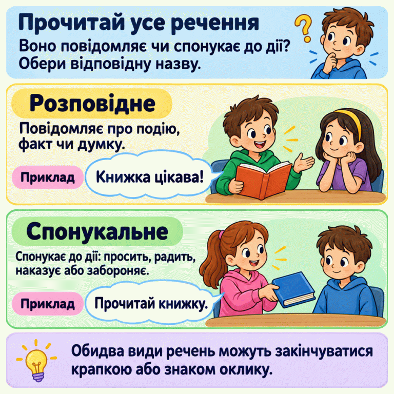 Картка з двома сценами спілкування школярів про книжку. Прочитай усе речення й визнач, чи воно повідомляє, чи спонукає до дії. Розповідне повідомляє про подію, факт чи думку: «Книжка цікава!». Спонукальне просить, радить, наказує або забороняє: «Прочитай книжку.». Обидва види речень можуть закінчуватися крапкою або знаком оклику. Прочитай усе речення: Воно повідомляє чи спонукає до дії? Обери відповідну назву. Розповідне: Повідомляє про подію, факт чи думку. Спонукальне: Спонукає до дії: просить, радить, наказує або забороняє. Обидва види речень можуть закінчуватися крапкою або знаком оклику. Приклад Книжка цікава! Прочитай книжку. ?