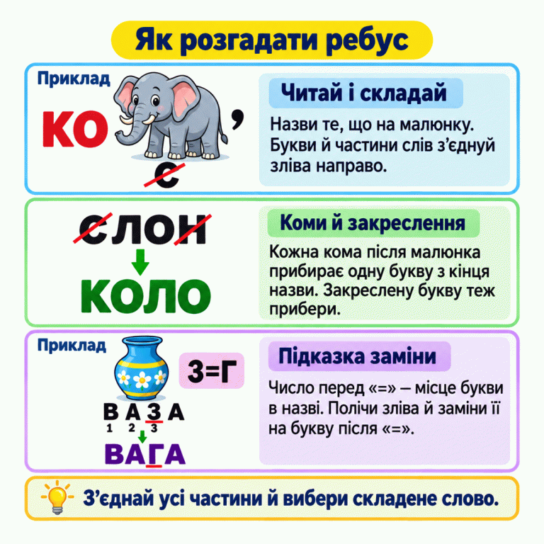 Картка пояснює, як читати ребуси зліва направо. У першому навчальному прикладі перед слоном стоять букви «КО». Закреслена «С» прибирає цю букву з назви «СЛОН», а одна кома після малюнка прибирає останню букву. Залишаються «ЛО», разом виходить «КОЛО». У другому прикладі під вазою написано «ВАЗА», а місця перших трьох букв позначено числами 1, 2, 3. Підказка «3=Г» замінює третю букву й утворює «ВАГА». Нагадування радить з’єднати всі частини та вибрати складене слово серед відповідей. Як розгадати ребус Читай і складай: Назви те, що на малюнку. Букви й частини слів з’єднуй зліва направо. Коми й закреслення: Кожна кома після малюнка прибирає одну букву з кінця назви. Закреслену букву теж прибери. Підказка заміни: Число перед «=» — місце букви в назві. Полічи зліва й заміни її на букву після «=». З’єднай усі частини й вибери складене слово. Приклад КО , С СЛОН КОЛО 3=Г ВАЗА 1 2 3 ВАГА