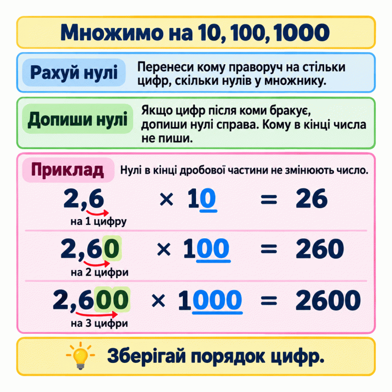 Правило множення десяткових дробів на 10, 100 і 1000: перенеси кому праворуч на одну, дві або три цифри. Якщо цифр після коми бракує, допиши нулі справа. Навчальний приклад: 2,6 × 10 = 26; 2,60 × 100 = 260; 2,600 × 1000 = 2600. Початкові дроби мають однакове значення. Стрілки показують перенесення коми, а підсвічування — дописані нулі. У цілих результатах кому не пишемо. Множимо на 10, 100, 1000 Рахуй нулі: Перенеси кому праворуч на стільки цифр, скільки нулів у множнику. Допиши нулі: Якщо цифр після коми бракує, допиши нулі справа. Кому в кінці числа не пиши. Приклад: Нулі в кінці дробової частини не змінюють число. Зберігай порядок цифр. 2,6 × 10 = 26 на 1 цифру 2,60 × 100 = 260 на 2 цифри 2,600 × 1000 = 2600 на 3 цифри