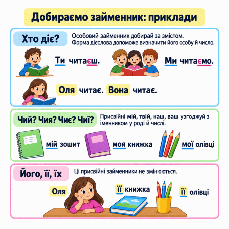 Навчальна картка про добір займенників. Приклади «Ти читаєш» і «Ми читаємо» показують зв’язок займенника з дієсловом, а «Оля читає. Вона читає» — роль змісту. Зображення зошита, книжки й олівців супроводжують форми «мій зошит», «моя книжка», «мої олівці». В останній сцені Олі належать книжка й олівці: у словосполученнях «її книжка» та «її олівці» присвійний займенник не змінюється. Добираємо займенник: приклади Хто діє?: Особовий займенник добирай за змістом. Форма дієслова допоможе визначити його особу й число. Чий? Чия? Чиє? Чиї?: Присвійні мій, твій, наш, ваш узгоджуй з іменником у роді й числі. Його, її, їх: Ці присвійні займенники не змінюються. Ти читаєш. Ми читаємо. Оля читає. Вона читає. мій зошит моя книжка мої олівці Оля її книжка її олівці