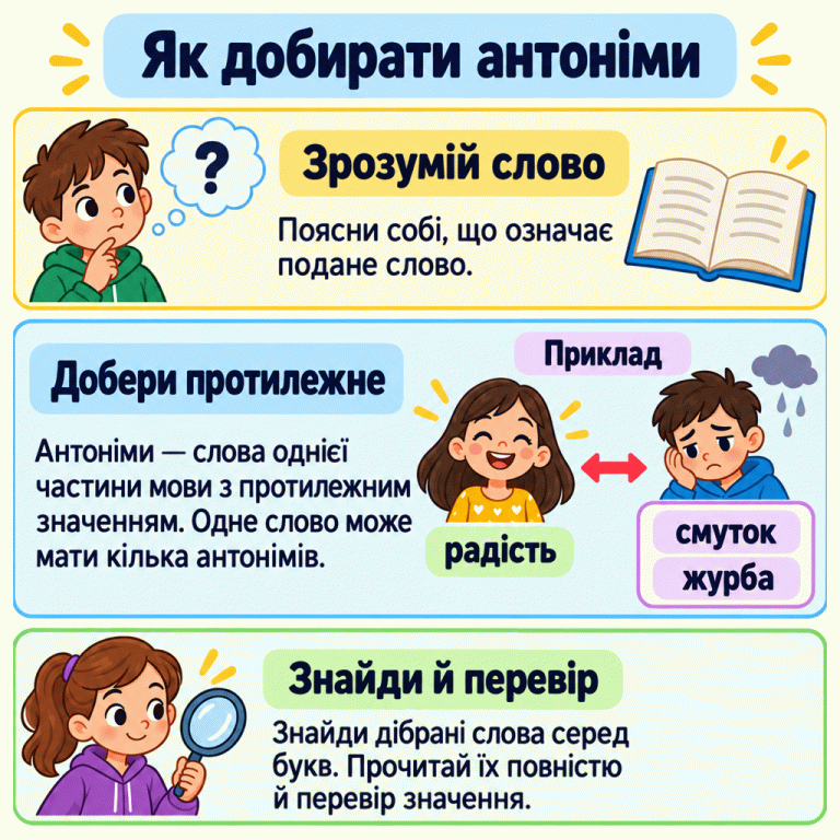 Картка пояснює, як добирати антоніми: з’ясувати значення слова, дібрати слова тієї самої частини мови з протилежним значенням і знайти їх серед букв. У навчальному прикладі радісний портрет підписано «радість», а сумний має два підписи: «смуток» і «журба». Обидва слова протилежні за значенням слову «радість». Як добирати антоніми Зрозумій слово: Поясни собі, що означає подане слово. Добери протилежне: Антоніми — слова однієї частини мови з протилежним значенням. Одне слово може мати кілька антонімів. Знайди й перевір: Знайди дібрані слова серед букв. Прочитай їх повністю й перевір значення. Приклад радість смуток журба ?