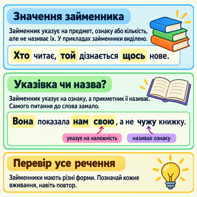 Картка пояснює: займенник указує на предмет, ознаку або кількість, але не називає їх. У навчальному реченні «Хто читає, той дізнається щось нове.» виділено займенники «Хто», «той», «щось». У реченні «Вона показала нам свою, а не чужу книжку.» виділено «Вона», «нам», «свою». Підпис до «свою» пояснює вказівку на належність, а підпис до «чужу» — називання ознаки прикметником. Наприкінці запропоновано перевіряти все речення, враховувати різні форми займенників і позначати кожен повтор. Значення займенника: Займенник указує на предмет, ознаку або кількість, але не називає їх. У прикладах займенники виділено. Указівка чи назва?: Займенник указує на ознаку, а прикметник її називає. Самого питання до слова замало. Перевір усе речення: Займенники мають різні форми. Позначай кожне вживання, навіть повтор. Хто читає, той дізнається щось нове. Вона показала нам свою, а не чужу книжку. указує на належність називає ознаку