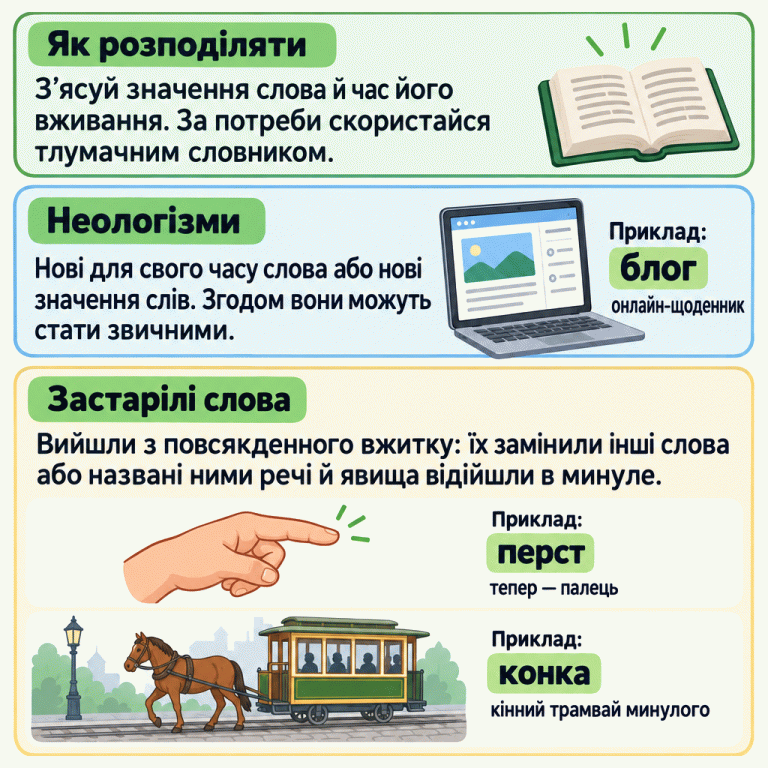 Спершу радять з’ясувати значення слова й час його вживання та за потреби скористатися словником. Неологізми пояснено як нові для свого часу слова або значення. Приклад — блог, онлайн-щоденник. Застарілі слова показано двома способами: перст тепер називаємо пальцем, а конка — це кінний трамвай минулого. В обох випадках це одна група застарілих слів. Як розподіляти: З’ясуй значення слова й час його вживання. За потреби скористайся тлумачним словником. Неологізми: Нові для свого часу слова або нові значення слів. Згодом вони можуть стати звичними. Застарілі слова: Вийшли з повсякденного вжитку: їх замінили інші слова або названі ними речі й явища відійшли в минуле. Приклад: блог онлайн-щоденник перст тепер — палець конка кінний трамвай минулого