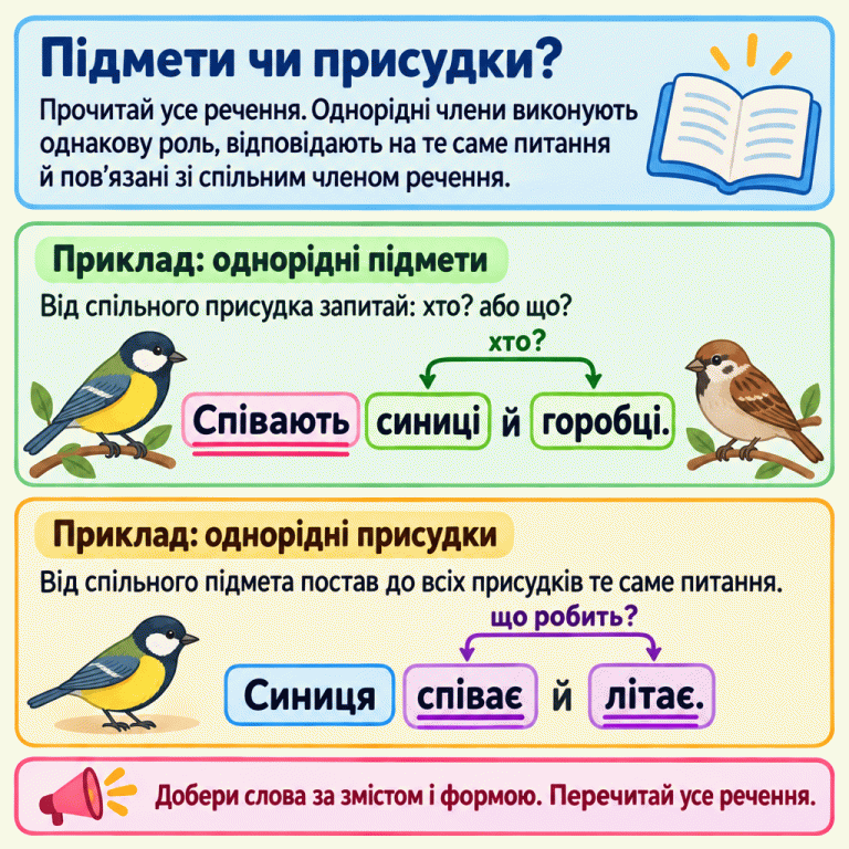 Однорідні члени виконують однакову роль, відповідають на те саме питання й пов’язані зі спільним членом речення. У прикладі «Співають синиці й горобці» підмети «синиці» та «горобці» відповідають на питання «хто?» від присудка «Співають». У прикладі «Синиця співає й літає» присудки «співає» та «літає» відповідають на питання «що робить?» від підмета «Синиця». Слова добираємо за змістом і формою та перечитуємо все речення. Підмети чи присудки?: Прочитай усе речення. Однорідні члени виконують однакову роль, відповідають на те саме питання й пов’язані зі спільним членом речення. Приклад: однорідні підмети: Від спільного присудка запитай: хто? або що? Приклад: однорідні присудки: Від спільного підмета постав до всіх присудків те саме питання. Добери слова за змістом і формою. Перечитай усе речення. Співають синиці й горобці. хто? Синиця співає й літає. що робить?