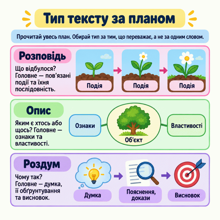 Три схеми типів тексту. Розповідь показує пов’язані події в часі. Опис розкриває ознаки та властивості об’єкта. У роздумі думку обґрунтовують поясненнями й доказами та роблять висновок. Тип визначають за тим, що переважає в усьому плані, а не за одним словом. Тип тексту за планом Розповідь: Що відбулося? Головне — пов’язані події та їхня послідовність. Опис: Яким є хтось або щось? Головне — ознаки та властивості. Роздум: Чому так? Головне — думка, її обґрунтування та висновок. Прочитай увесь план. Обирай тип за тим, що переважає, а не за одним словом. Подія Об’єкт Ознаки Властивості Думка Пояснення, докази Висновок