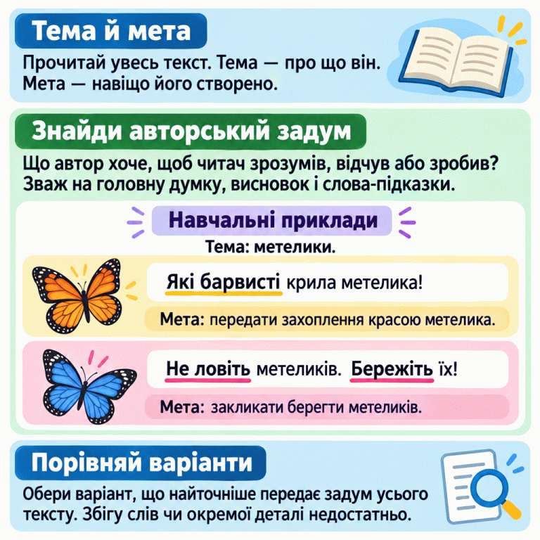Картка пояснює: тема — про що текст, мета — навіщо його створено. Треба прочитати весь текст і запитати, що автор хоче допомогти зрозуміти, відчути або зробити. Два навчальні приклади мають спільну тему — метелики. Вислів про барвисті крила передає захоплення красою метелика, а прохання не ловити метеликів закликає їх берегти. Наприкінці — порада порівнювати варіанти за задумом усього тексту: збігу слів чи окремої деталі недостатньо. Тема й мета: Прочитай увесь текст. Тема — про що він. Мета — навіщо його створено. Знайди авторський задум: Що автор хоче, щоб читач зрозумів, відчув або зробив? Зваж на головну думку, висновок і слова-підказки. Порівняй варіанти: Обери варіант, що найточніше передає задум усього тексту. Збігу слів чи окремої деталі недостатньо. Навчальні приклади Тема: метелики. Які барвисті крила метелика! Мета: передати захоплення красою метелика. Не ловіть метеликів. Бережіть їх! Мета: закликати берегти метеликів.