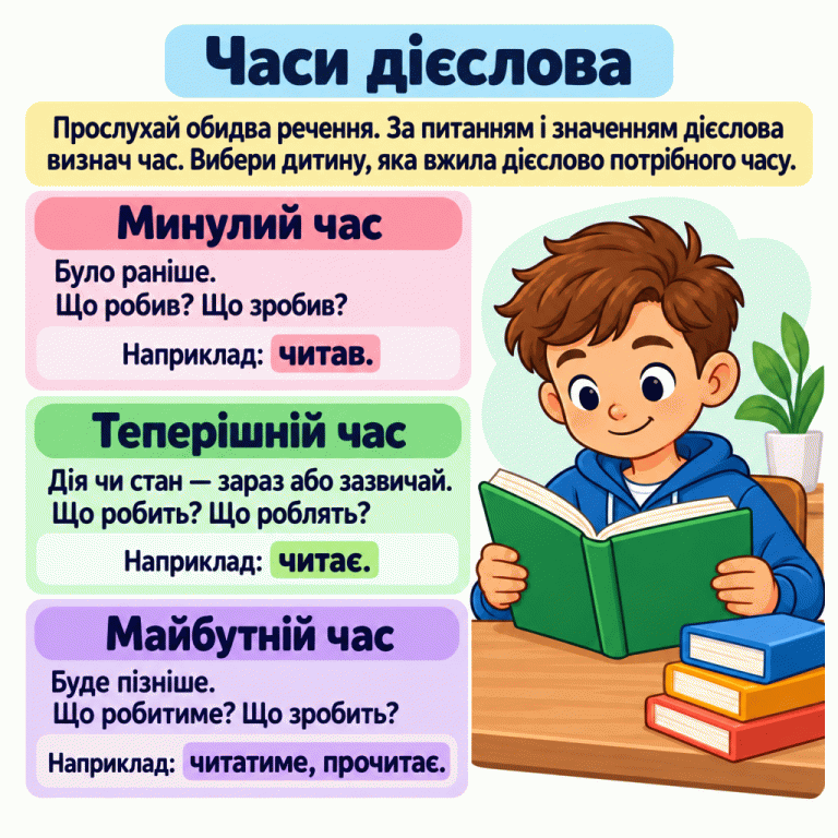 Часи дієслова. Минулий час: було раніше; питання «Що робив? Що зробив?», приклад «читав». Теперішній час: дія чи стан зараз або зазвичай; питання «Що робить? Що роблять?», приклад «читає». Майбутній час: буде пізніше; питання «Що робитиме? Що зробить?», приклади «читатиме» і «прочитає». Поруч школяр читає книжку. Прослухай обидва речення, визнач час за питанням і значенням дієслова та вибери дитину, яка вжила дієслово потрібного часу. Часи дієслова Минулий час: Було раніше.
Що робив? Що зробив? Теперішній час: Дія чи стан — зараз або зазвичай.
Що робить? Що роблять? Майбутній час: Буде пізніше.
Що робитиме? Що зробить? Прослухай обидва речення. За питанням і значенням дієслова визнач час. Вибери дитину, яка вжила дієслово потрібного часу. Наприклад: читав. Наприклад: читає. Наприклад: читатиме, прочитає.