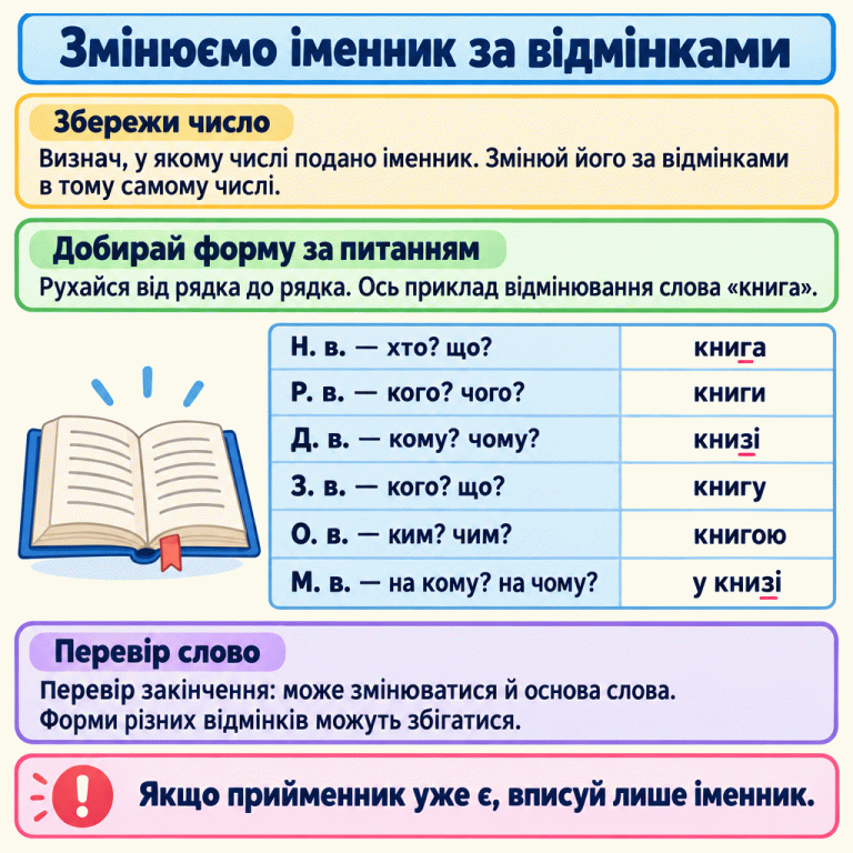 Картка пояснює, як відмінювати іменник: зберігати його число, добирати форму за питанням і перевіряти основу та закінчення. Наведено приклад в однині: називний — книга, родовий — книги, давальний — книзі, знахідний — книгу, орудний — книгою, місцевий — у книзі. Підкреслено зміну г на з. Нагадування: якщо прийменник уже надруковано, потрібно вписати лише іменник. Змінюємо іменник за відмінками Збережи число: Визнач, у якому числі подано іменник. Змінюй його за відмінками в тому самому числі. Добирай форму за питанням: Рухайся від рядка до рядка. Ось приклад відмінювання слова «книга». Перевір слово: Перевір закінчення: може змінюватися й основа слова. Форми різних відмінків можуть збігатися. Якщо прийменник уже є, вписуй лише іменник. Н. в. — хто? що? Р. в. — кого? чого? Д. в. — кому? чому? З. в. — кого? що? О. в. — ким? чим? М. в. — на кому? на чому? книга книги книзі книгу книгою у книзі !