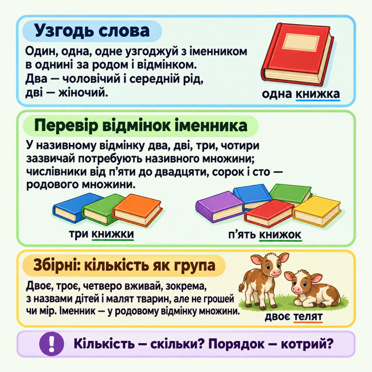 Пам’ятка про поєднання числівника з іменником. Один, одна, одне узгоджуємо з іменником в однині за родом і відмінком: одна книжка. Два — чоловічий і середній рід, дві — жіночий. У називному відмінку два, дві, три, чотири зазвичай потребують називного множини: три книжки. Числівники від п’яти до двадцяти, сорок і сто потребують родового множини: п’ять книжок. Збірні двоє, троє, четверо поєднуємо, зокрема, з назвами дітей і малят тварин, але не грошей чи мір. Після них — родовий множини: двоє телят. Кількість — скільки? Порядок — котрий? Узгодь слова: Один, одна, одне узгоджуй з іменником в однині за родом і відмінком. Два — чоловічий і середній рід, дві — жіночий. Перевір відмінок іменника: У називному відмінку два, дві, три, чотири зазвичай потребують називного множини; числівники від п’яти до двадцяти, сорок і сто — родового множини. Збірні: кількість як група: Двоє, троє, четверо вживай, зокрема, з назвами дітей і малят тварин, але не грошей чи мір. Іменник — у родовому відмінку множини. Кількість — скільки? Порядок — котрий? одна книжка три книжки п’ять книжок двоє телят !