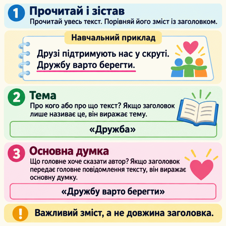 Картка пояснює, як зіставити заголовок зі змістом усього тексту. Тема відповідає на запитання «Про кого або про що текст?», а основна думка — «Що головне хоче сказати автор?». У навчальному прикладі про підтримку друзів заголовок «Дружба» називає тему, а «Дружбу варто берегти» передає основну думку. Важливий зміст, а не довжина заголовка. Прочитай і зістав: Прочитай увесь текст. Порівняй його зміст із заголовком. Тема: Про кого або про що текст? Якщо заголовок лише називає це, він виражає тему. Основна думка: Що головне хоче сказати автор? Якщо заголовок передає головне повідомлення тексту, він виражає основну думку. Важливий зміст, а не довжина заголовка. Навчальний приклад Друзі підтримують нас у скруті. Дружбу варто берегти. «Дружба» «Дружбу варто берегти» 1 2 3 !