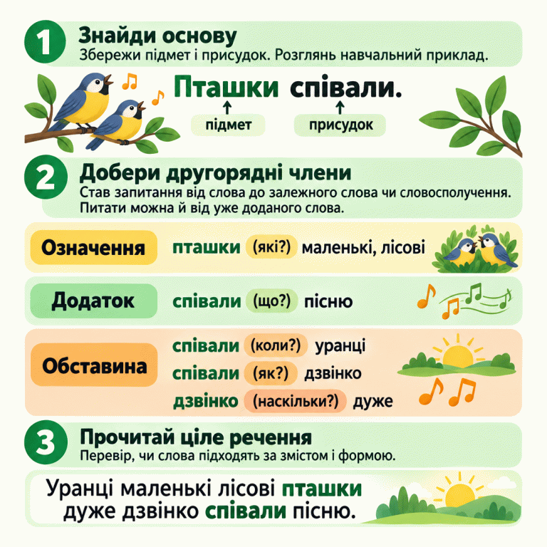 Навчальний приклад поширення речення «Пташки співали». Пташки — підмет, співали — присудок. Від слова «пташки» ставимо запитання «які?» й додаємо означення «маленькі» та «лісові». Від «співали» запитуємо «що?» — «пісню», «коли?» — «уранці», «як?» — «дзвінко». Від уже доданого «дзвінко» запитуємо «наскільки?» — «дуже». Підсумок: «Уранці маленькі лісові пташки дуже дзвінко співали пісню». Основа збережена; додані слова перевіряємо за змістом і формою. Знайди основу: Збережи підмет і присудок. Розглянь навчальний приклад. Добери другорядні члени: Став запитання від слова до залежного слова чи словосполучення. Питати можна й від уже доданого слова. Прочитай ціле речення: Перевір, чи слова підходять за змістом і формою. Пташки співали. підмет присудок Означення пташки (які?) маленькі, лісові Додаток співали (що?) пісню Обставина співали (коли?) уранці співали (як?) дзвінко дзвінко (наскільки?) дуже Уранці маленькі лісові пташки дуже дзвінко співали пісню. 1 2 3