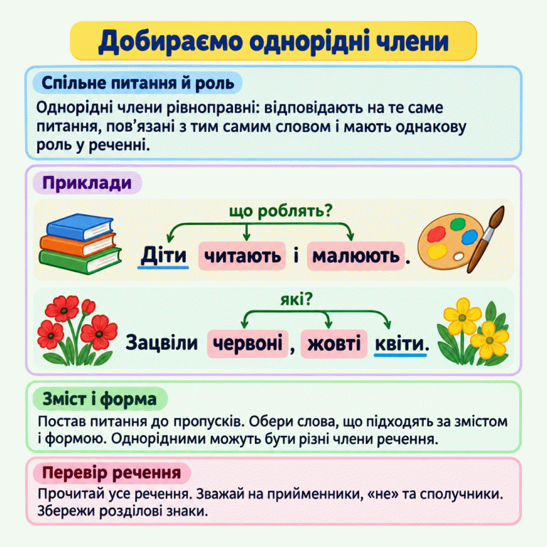 Однорідні члени рівноправні, мають однакову роль, відповідають на те саме питання й пов’язані з тим самим словом. У навчальному прикладі «Діти читають і малюють.» обидва дієслова пов’язані зі словом «Діти» та питанням «що роблять?». У прикладі «Зацвіли червоні, жовті квіти.» обидва прикметники пов’язані зі словом «квіти» та питанням «які?». Однорідними можуть бути різні члени речення. До пропусків обирай слова за змістом і формою, а потім перевір усе речення разом із прийменниками, «не», сполучниками й розділовими знаками. Добираємо однорідні члени Спільне питання й роль: Однорідні члени рівноправні: відповідають на те саме питання, пов’язані з тим самим словом і мають однакову роль у реченні. Зміст і форма: Постав питання до пропусків. Обери слова, що підходять за змістом і формою. Однорідними можуть бути різні члени речення. Перевір речення: Прочитай усе речення. Зважай на прийменники, «не» та сполучники. Збережи розділові знаки. Приклади Діти читають і малюють. що роблять? Зацвіли червоні, жовті квіти. які?