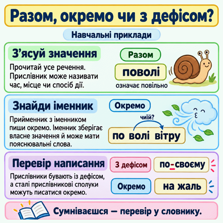 Картка пояснює, як обрати написання за значенням і зв’язком слів у реченні. «Поволі» означає «повільно» та пишеться разом. У сполуці «по волі вітру» іменник «волі» має пояснювальне слово «вітру», а прийменник пишеться окремо. «По-своєму» — приклад прислівника з дефісом; «на жаль» — окремо написаної сталої прислівникової сполуки. Сумнівне написання радять перевіряти у словнику. Разом, окремо чи з дефісом? З’ясуй значення: Прочитай усе речення. Прислівник може називати час, місце чи спосіб дії. Знайди іменник: Прийменник з іменником пиши окремо. Іменник зберігає власне значення й може мати пояснювальні слова. Перевір написання: Прислівники бувають із дефісом, а сталі прислівникові сполуки можуть писатися окремо. Сумніваєшся — перевір у словнику. Навчальні приклади поволі означає повільно Разом по волі вітру чиїй? Окремо по-своєму З дефісом на жаль