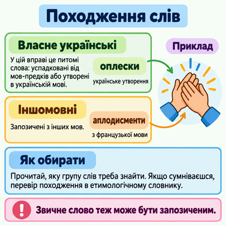 Картка про походження слів. У цій вправі «власне українські» — це питомі слова: успадковані від мов-предків або утворені в українській мові. Іншомовні слова запозичені з інших мов. Одна ілюстрація плескання має дві назви: «оплески» — українське утворення, «аплодисменти» — запозичення з французької мови. Треба прочитати, яку групу слів знайти, а за сумніву перевірити походження в етимологічному словнику. Звичне слово теж може бути запозиченим. Походження слів Власне українські: У цій вправі це питомі слова: успадковані від мов-предків або утворені в українській мові. Іншомовні: Запозичені з інших мов. Як обирати: Прочитай, яку групу слів треба знайти. Якщо сумніваєшся, перевір походження в етимологічному словнику. Звичне слово теж може бути запозиченим. Приклад оплески українське утворення аплодисменти з французької мови !