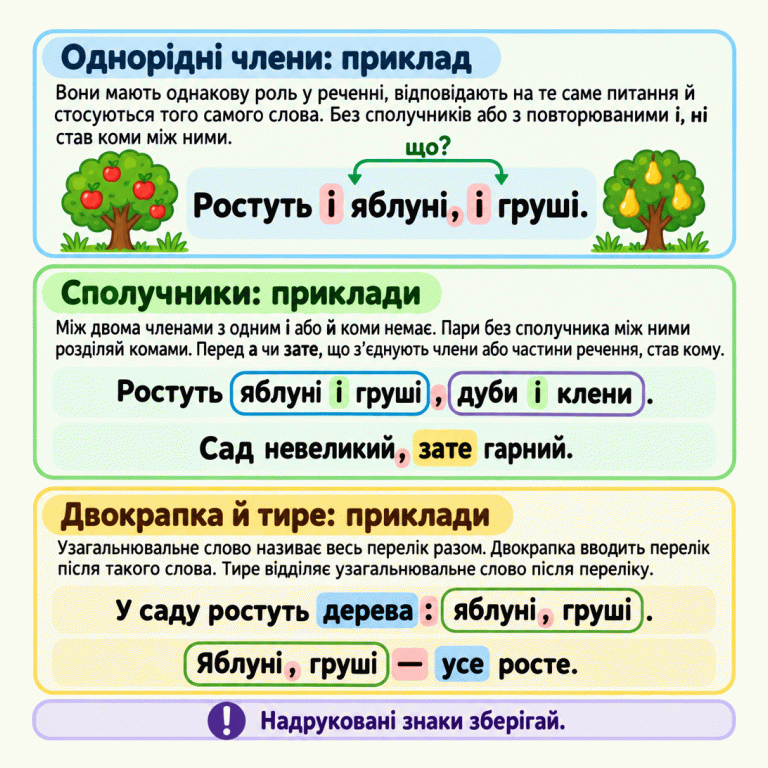 Картка пояснює однорідні члени: однакова роль, те саме питання і зв’язок із тим самим словом. Коми розділяють перелік без сполучників і з повторюваними і, ні. Один і або й усередині пари не потребує коми; пари без сполучника між ними розділяють комами. Перед а чи зате, що з’єднують члени або частини речення, ставлять кому. У навчальному прикладі після слова дерева двокрапка вводить перелік яблуні, груші. В іншому прикладі цей перелік стоїть перед узагальнювальним усе, перед яким є тире. Надруковані знаки потрібно зберігати. Однорідні члени: приклад: Вони мають однакову роль у реченні, відповідають на те саме питання й стосуються того самого слова. Без сполучників або з повторюваними і, ні став коми між ними. Сполучники: приклади: Між двома членами з одним і або й коми немає. Пари без сполучника між ними розділяй комами. Перед а чи зате, що з’єднують члени або частини речення, став кому. Двокрапка й тире: приклади: Узагальнювальне слово називає весь перелік разом. Двокрапка вводить перелік після такого слова. Тире відділяє узагальнювальне слово після переліку. Надруковані знаки зберігай. Ростуть і яблуні, і груші. що? Ростуть яблуні і груші, дуби і клени. Сад невеликий, зате гарний. У саду ростуть дерева: яблуні, груші. Яблуні, груші — усе росте. !