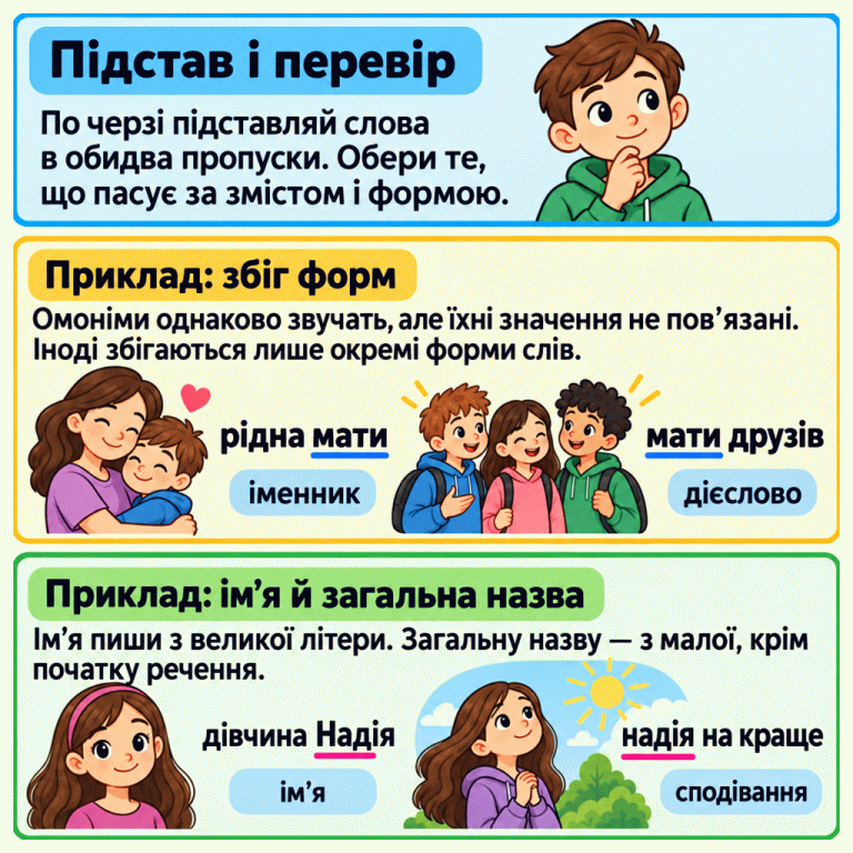 Картка вчить підставляти один варіант в обидва пропуски й перевіряти зміст і форму. У прикладах «рідна мати» — іменник, а «мати друзів» — дієслово; форма «мати» збігається. У фразі «дівчина Надія» названо ім’я з великої літери, а «надія на краще» означає сподівання. Загальну назву пишемо з малої літери, крім початку речення. Підстав і перевір: По черзі підставляй слова в обидва пропуски. Обери те, що пасує за змістом і формою. Приклад: збіг форм: Омоніми однаково звучать, але їхні значення не пов’язані. Іноді збігаються лише окремі форми слів. Приклад: ім’я й загальна назва: Ім’я пиши з великої літери. Загальну назву — з малої, крім початку речення. рідна мати іменник мати друзів дієслово дівчина Надія ім’я надія на краще сподівання