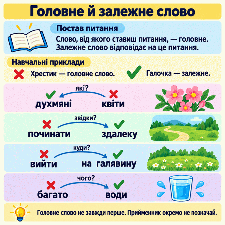 Картка пояснює: від головного слова ставлять питання, залежне відповідає. Хрестик позначає головне слово, галочка — залежне. Чотири приклади: квіти — які? — духмяні; починати — звідки? — здалеку; вийти — куди? — на галявину; багато — чого? — води. Прийменник «на» не має окремої позначки. Головне слово може стояти як перед залежним, так і після нього. Головне й залежне слово Постав питання: Слово, від якого ставиш питання, — головне. Залежне слово відповідає на це питання. Навчальні приклади: Хрестик — головне слово. Галочка — залежне. Головне слово не завжди перше. Прийменник окремо не позначай. × ✓ духмяні квіти які? починати здалеку звідки? вийти на галявину куди? багато води чого?