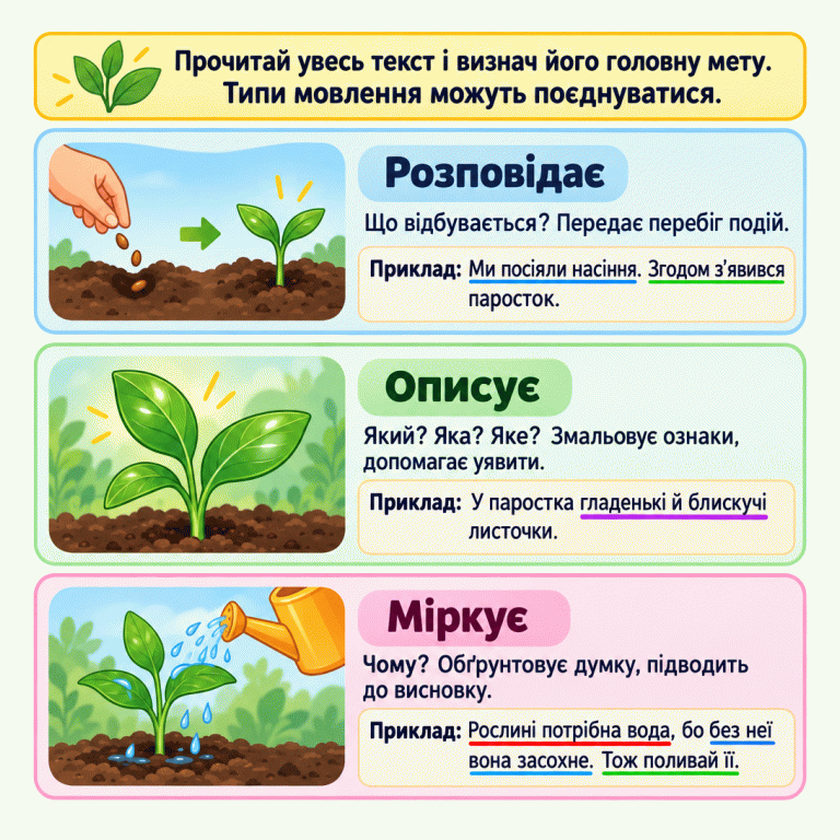 Три типи мовлення на навчальних прикладах про рослину. Розповідає — передає перебіг подій: посіяли насіння, згодом з’явився паросток. Описує — змальовує ознаки: листочки паростка гладенькі й блискучі. Міркує — обґрунтовує думку та підводить до висновку: рослині потрібна вода, бо без неї вона засохне, тож її слід поливати. Поруч зображено посів, паросток і полив. Нагадування: прочитай увесь текст і визнач його головну мету, адже типи мовлення можуть поєднуватися. Розповідає: Що відбувається? Передає перебіг подій. Описує: Який? Яка? Яке? Змальовує ознаки, допомагає уявити. Міркує: Чому? Обґрунтовує думку, підводить до висновку. Прочитай увесь текст і визнач його головну мету. Типи мовлення можуть поєднуватися. Приклад: Ми посіяли насіння. Згодом з’явився паросток. Приклад: У паростка гладенькі й блискучі листочки. Приклад: Рослині потрібна вода, бо без неї вона засохне. Тож поливай її.