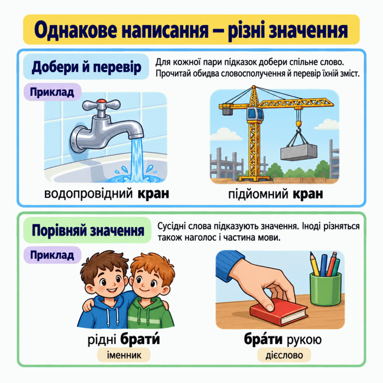 Картка радить добирати слово до обох підказок у парі й перевіряти зміст повних словосполучень. Водопровідний і підйомний крани показують різні значення написання «кран». Біля хлопців-родичів наведено «рідні брати́» з підписом «іменник», а біля руки, що бере предмет, — «бра́ти рукою» з підписом «дієслово». У другій парі відрізняються значення, наголос і частина мови. Однакове написання — різні значення Добери й перевір: Для кожної пари підказок добери спільне слово. Прочитай обидва словосполучення й перевір їхній зміст. Порівняй значення: Сусідні слова підказують значення. Іноді різняться також наголос і частина мови. Приклад водопровідний кран підйомний кран рідні брати́ бра́ти рукою іменник дієслово