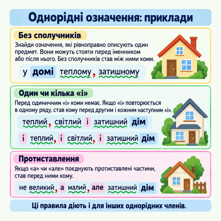 Картка з навчальними прикладами ком між однорідними означеннями. Означення рівноправно описують один предмет і можуть стояти перед іменником або після нього. У словосполученні «у домі теплому, затишному» кома розділяє означення після іменника. У «теплий, світлий і затишний дім» є кома між першими двома ознаками, але немає коми перед одиничним «і». У «і теплий, і світлий, і затишний дім» коми стоять перед другим і третім «і». У «не великий, а малий, але затишний дім» коми стоять перед «а» та «але». Ці правила діють і для інших однорідних членів. Однорідні означення: приклади Без сполучників: Знайди означення, які рівноправно описують один предмет. Вони можуть стояти перед іменником або після нього. Без сполучників став між ними коми. Один чи кілька «і»: Перед одиничним «і» коми немає. Якщо «і» повторюється в одному ряду, став кому перед другим і кожним наступним «і». Протиставлення: Якщо «а» чи «але» поєднують протиставлені частини, став перед ними кому. Ці правила діють і для інших однорідних членів. у домі теплому, затишному теплий, світлий і затишний дім і теплий, і світлий, і затишний дім не великий, а малий, але затишний дім