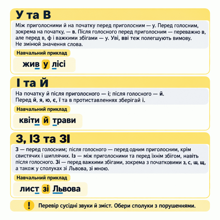 Три розділи про милозвучність: у та в, і та й, з, із та зі. Правила враховують сусідні звуки, початок вислову, важкі збіги приголосних і протиставлення. Навчальні приклади: жив у лісі; квіти й трави; лист зі Львова. Потрібно обрати сполуки з порушеннями. У та В: Між приголосними й на початку перед приголосним — у. Перед голосним, зокрема на початку, — в. Після голосного перед приголосним — переважно в, але перед в, ф і важкими збігами — у. Уві, вві теж полегшують вимову. Не змінюй значення слова. І та Й: На початку й після приголосного — і; після голосного — й. Перед й, я, ю, є, ї та в протиставленнях зберігай і. З, ІЗ та ЗІ: З — перед голосним; після голосного — перед одним приголосним, крім свистячих і шиплячих. Із — між приголосними та перед їхнім збігом, навіть після голосного. Зі — перед важкими збігами, зокрема з початковими з, с, ш, щ, а також у сполуках зі Львова, зі мною. Перевір сусідні звуки й зміст. Обери сполуки з порушеннями. Навчальний приклад жив у лісі квіти й трави лист зі Львова !