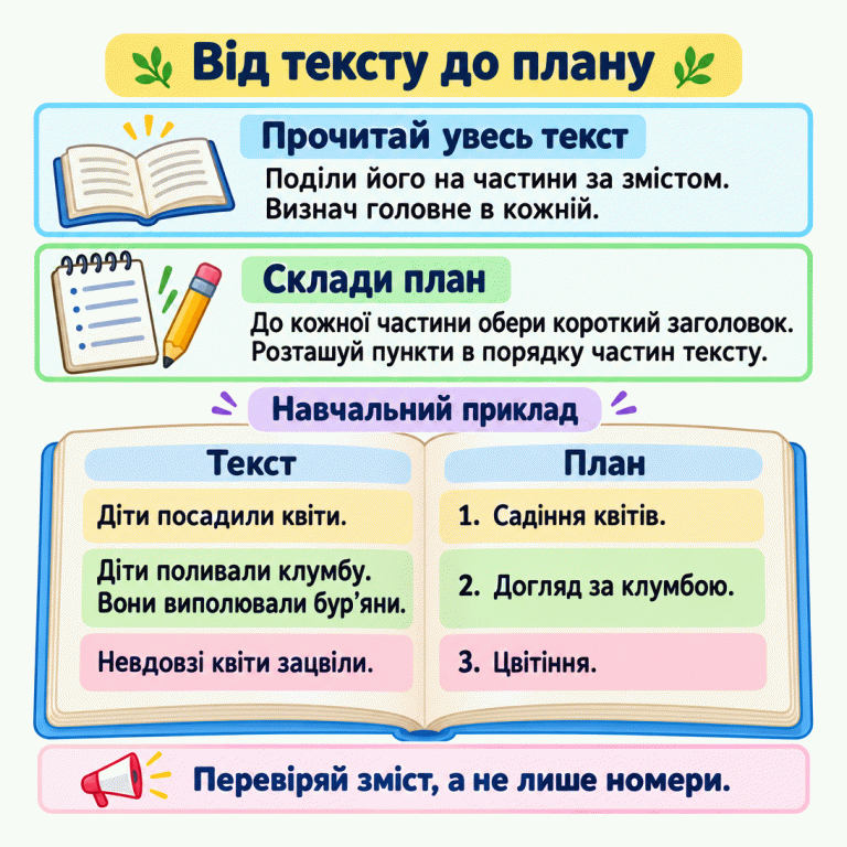 Картка пояснює, як скласти план: прочитати текст, виділити частини за змістом, визначити головне в кожній і дібрати короткі заголовки в тому самому порядку. У навчальному прикладі діти посадили квіти, поливали клумбу й виполювали бур’яни, а невдовзі квіти зацвіли. Поруч план: 1. Садіння квітів. 2. Догляд за клумбою. 3. Цвітіння. Два речення про догляд мають один спільний заголовок. Нагадування: перевіряй зміст, а не лише номери. Від тексту до плану Прочитай увесь текст: Поділи його на частини за змістом. Визнач головне в кожній. Склади план: До кожної частини обери короткий заголовок. Розташуй пункти в порядку частин тексту. Перевіряй зміст, а не лише номери. Навчальний приклад Текст План Діти посадили квіти. Діти поливали клумбу. Вони виполювали бур’яни. Невдовзі квіти зацвіли. 1. Садіння квітів. 2. Догляд за клумбою. 3. Цвітіння.