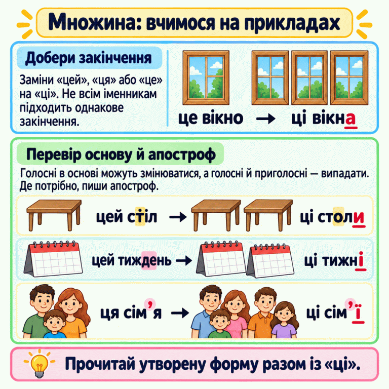 Навчальна картка про утворення множини зі словом «ці». Приклади: це вікно → ці вікна; цей стіл → ці столи; цей тиждень → ці тижні; ця сім’я → ці сім’ї. Біля однини намальовано одне вікно, біля множини — кілька. У формах множини виділено різні закінчення: -а, -и, -і, -ї. У «стіл → столи» і змінюється на о. У «тиждень → тижні» випадають е та д. У «сім’я → сім’ї» збережено потрібний апостроф. Підказки радять добирати закінчення до конкретного іменника й перевіряти всю основу. Множина: вчимося на прикладах Добери закінчення: Заміни «цей», «ця» або «це» на «ці». Не всім іменникам підходить однакове закінчення. Перевір основу й апостроф: Голосні в основі можуть змінюватися, а голосні й приголосні — випадати. Де потрібно, пиши апостроф. Прочитай утворену форму разом із «ці». це вікно → ці вікна цей стіл → ці столи цей тиждень → ці тижні ця сім’я → ці сім’ї