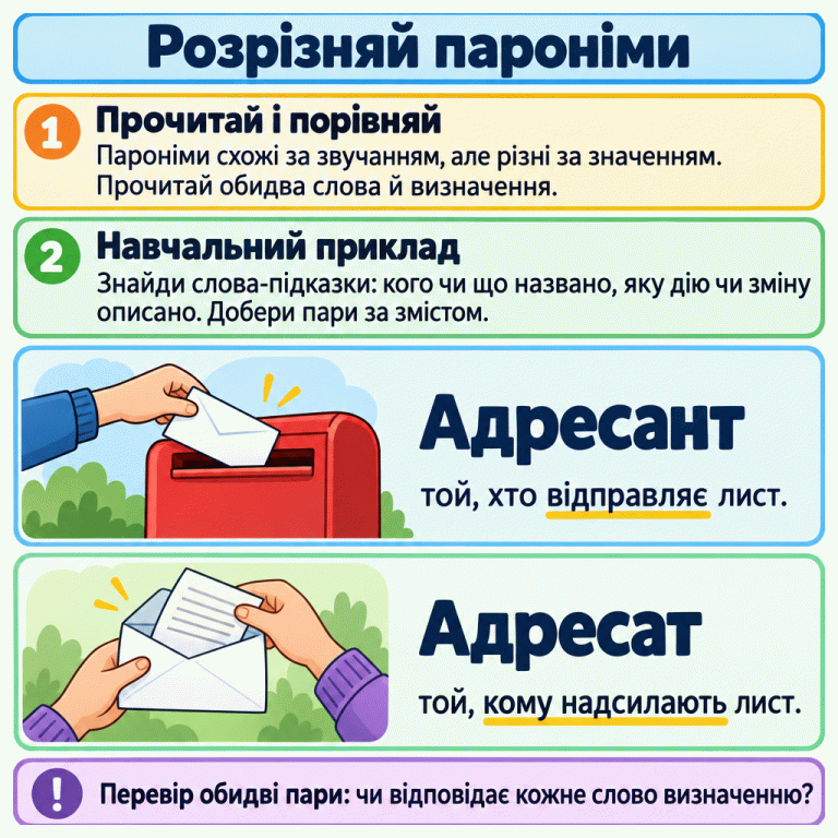 Пам’ятка про пароніми — слова, схожі за звучанням, але різні за значенням. Прочитай слова й визначення, знайди смислові підказки та добери пари. У навчальному прикладі адресант — той, хто відправляє лист, а адресат — той, кому надсилають лист. Поруч показано відправлення й отримання листа. Наприкінці перевір обидві пари. Розрізняй пароніми Прочитай і порівняй: Пароніми схожі за звучанням, але різні за значенням. Прочитай обидва слова й визначення. Навчальний приклад: Знайди слова-підказки: кого чи що названо, яку дію чи зміну описано. Добери пари за змістом. Перевір обидві пари: чи відповідає кожне слово визначенню? Адресант той, хто відправляє лист. Адресат той, кому надсилають лист. 1 2 !