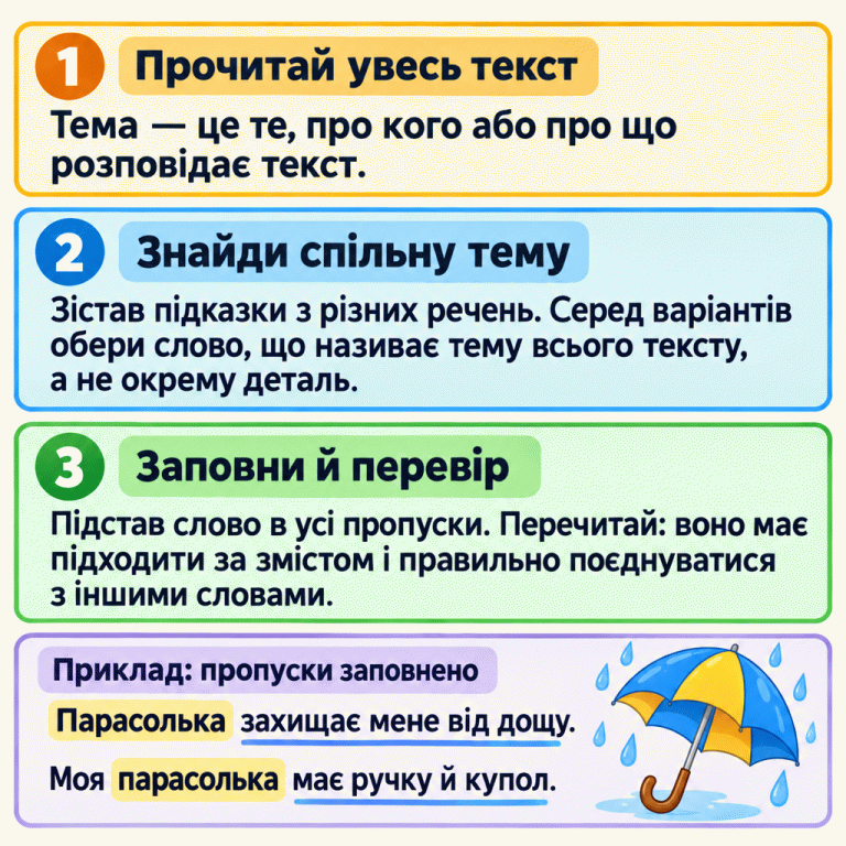 Картка пояснює: тема — це те, про кого або про що розповідає текст. Треба прочитати весь текст, зіставити підказки з різних речень, обрати спільну тему, а не окрему деталь, і перевірити слово в усіх пропусках. Навчальний приклад із заповненими пропусками: «Парасолька захищає мене від дощу. Моя парасолька має ручку й купол». Назва предмета виділена в обох реченнях, а підказки про дощ, ручку й купол підкреслені. Поруч зображена парасолька. Прочитай увесь текст: Тема — це те, про кого або про що розповідає текст. Знайди спільну тему: Зістав підказки з різних речень. Серед варіантів обери слово, що називає тему всього тексту, а не окрему деталь. Заповни й перевір: Підстав слово в усі пропуски. Перечитай: воно має підходити за змістом і правильно поєднуватися з іншими словами. Приклад: пропуски заповнено Парасолька захищає мене від дощу. Моя парасолька має ручку й купол. 1 2 3