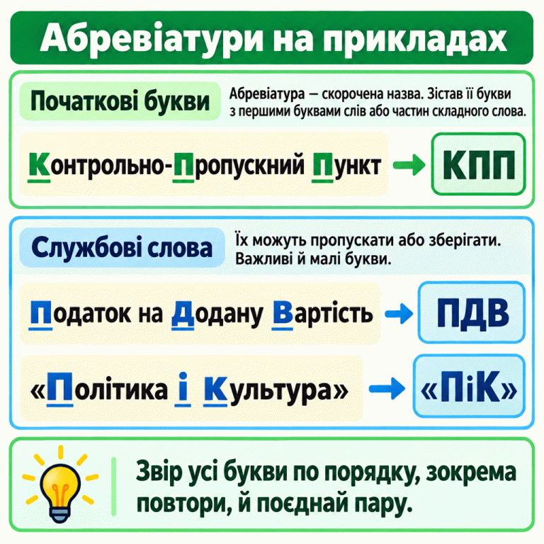 Три навчальні приклади зіставлення повної назви й абревіатури. Контрольно-пропускний пункт — КПП: букви взято від частин складного слова та слова «пункт», обидві П збережено. Податок на додану вартість — ПДВ: службове «на» пропущено. «Політика і культура» — «ПіК»: службове «і» збережено малим. Початкові букви виділено. Порада: звіряти всі букви по порядку, не пропускати повторів і тоді поєднувати пару. Абревіатури на прикладах Початкові букви: Абревіатура — скорочена назва. Зістав її букви з першими буквами слів або частин складного слова. Службові слова: Їх можуть пропускати або зберігати. Важливі й малі букви. Звір усі букви по порядку, зокрема повтори, й поєднай пару. контрольно-пропускний пункт КПП податок на додану вартість ПДВ «Політика і культура» «ПіК»