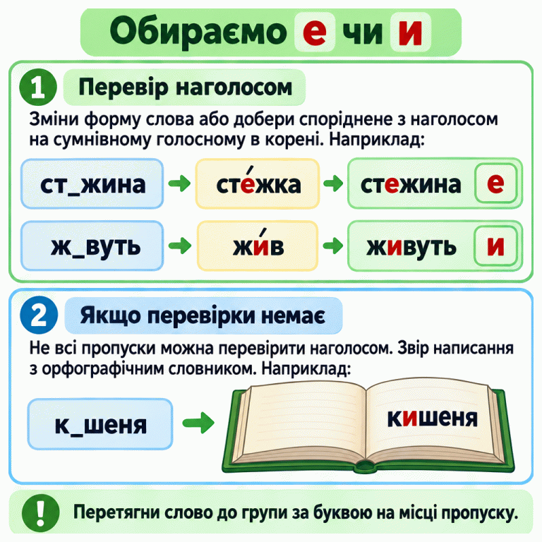 Навчальні приклади пояснюють вибір е та и. Стежину перевіряємо словом стежка з наголошеною е, а живуть — формою жив з наголошеною и. Якщо перевірка наголосом не підходить, користуємося орфографічним словником: у слові кишеня на місці пропуску пишемо и. Групу обираємо за вставленою буквою. Обираємо е чи и Перевір наголосом: Зміни форму слова або добери споріднене з наголосом на сумнівному голосному в корені. Наприклад: Якщо перевірки немає: Не всі пропуски можна перевірити наголосом. Звір написання з орфографічним словником. Наприклад: Перетягни слово до групи за буквою на місці пропуску. ст_жина сте́жка стежина е ж_вуть жи́в живуть и к_шеня кишеня 1 2 !