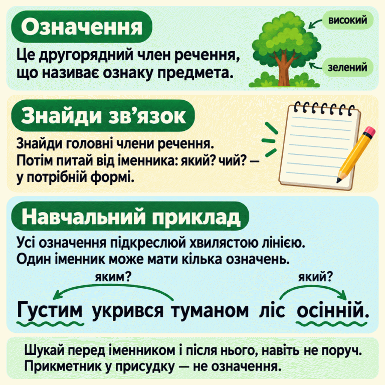 Пам’ятка про означення — другорядний член речення, що називає ознаку предмета. Спершу знайди головні члени, потім став питання про ознаку від іменників. У навчальному реченні «Густим укрився туманом ліс осінній.» від «туманом» ставимо питання «яким?» до «Густим», а від «ліс» — «який?» до «осінній». Обидва означення підкреслено хвилястими лініями. Означень може бути кілька при одному іменнику; вони можуть стояти не поруч із ним. Прикметник у присудку не є означенням. Означення: Це другорядний член речення, що називає ознаку предмета. Знайди зв’язок: Знайди головні члени речення. Потім питай від іменника: який? чий? — у потрібній формі. Навчальний приклад: Усі означення підкреслюй хвилястою лінією. Один іменник може мати кілька означень. Шукай перед іменником і після нього, навіть не поруч. Прикметник у присудку — не означення. Густим укрився туманом ліс осінній. яким? який? високий зелений